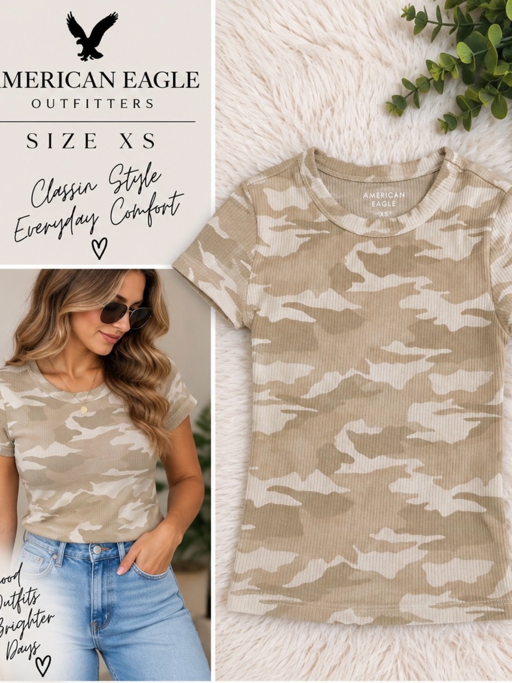 American Eagle Outfitters Beige Camo Ribbed Short Sleeve Tee